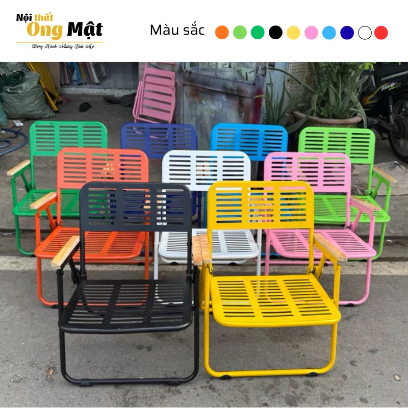 Ghế cafe xếp gọn khung sắt CNC tay vịn gỗ nhiều màu sắc