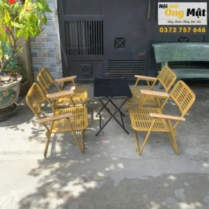 Bộ bàn ghế cafe xếp gọn sắt cnc tay gỗ màu nâu