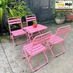 Bàn ghế cafe gấp gọn sắt lá sơn tĩnh điện lưng thấp màu hồng