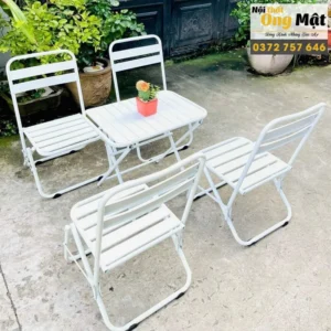Bàn ghế cafe gấp gọn sắt lá sơn tĩnh điện lưng thấp màu trắng