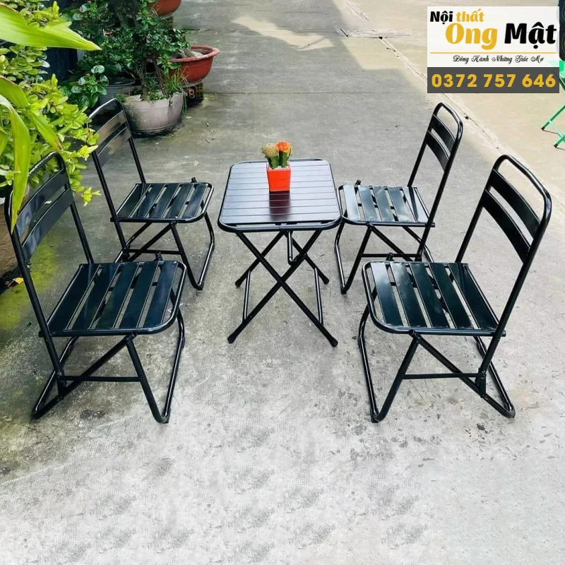 Bàn ghế cafe gấp gọn sắt cnc sơn tĩnh điện lưng thấp màu đen