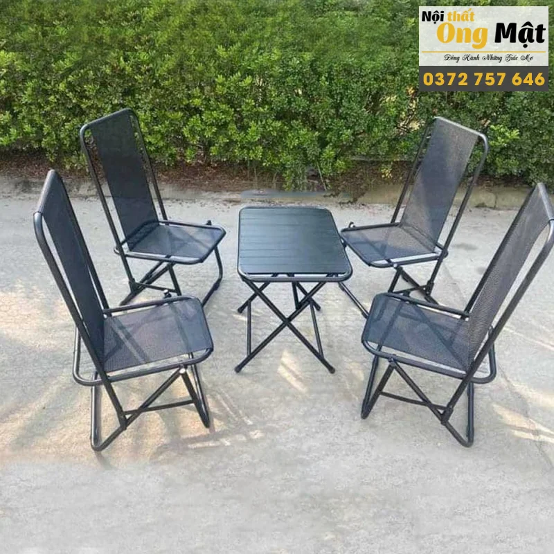 Bàn ghế cafe sắt lò xo vải lưới màu đen 2