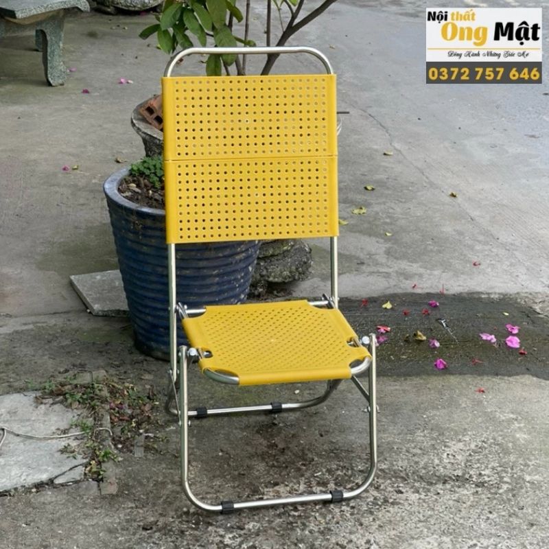 Ghế xếp nhựa sườn inox lưng cao màu vàng