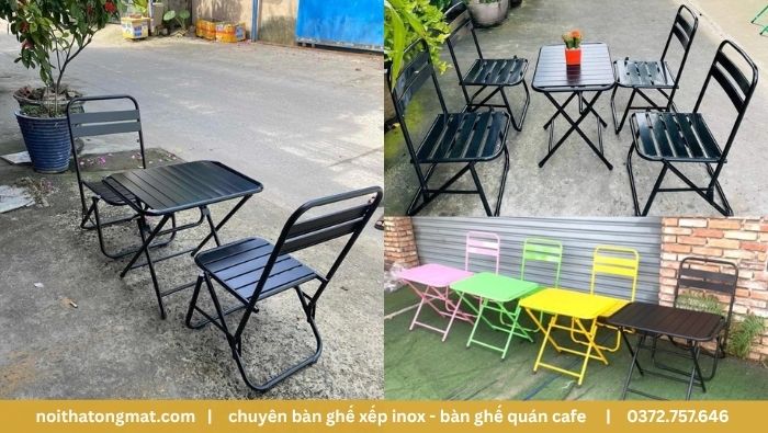 bộ bàn ghế cafe gấp gọn khung sắt lá CNC sơn tĩnh điện