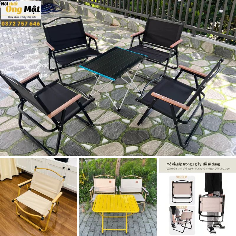 Bộ bàn ghế cafe gấp gọn khung sắt sơn tĩnh điện tay gỗ vải lưới textilene