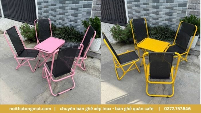 Bàn ghế cafe sắt gấp gọn ghế sắt lưới lò xo