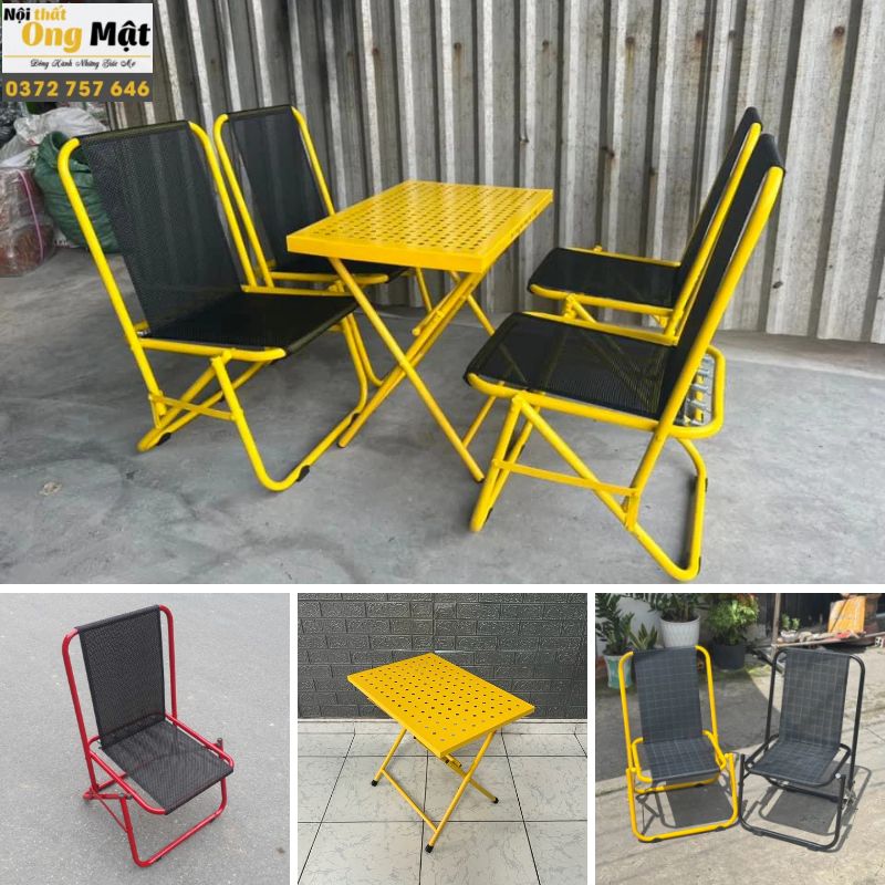 Bộ bàn ghế cafe sắt gấp gọn ghế sắt lưới lò xo