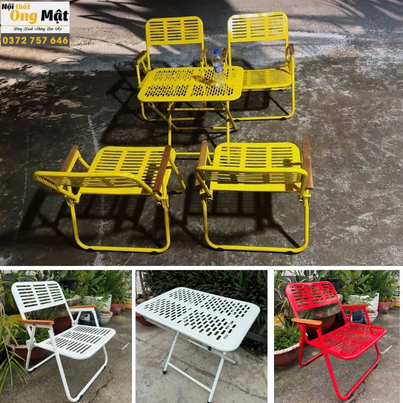 Bộ bàn ghế cafe xếp gọn sắt cnc sơn tĩnh điện tay gỗ