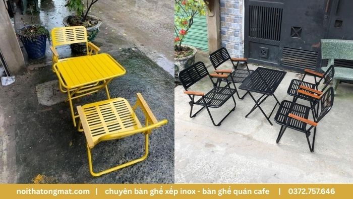 Bàn ghế cafe xếp gọn sắt tay gỗ