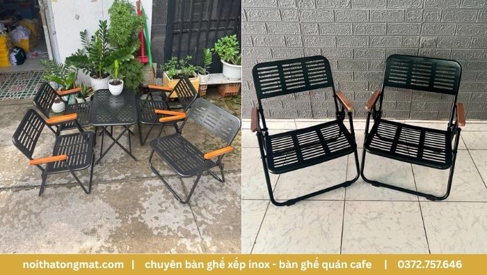 ghế cafe gấp gọn khung sắt tay gỗ