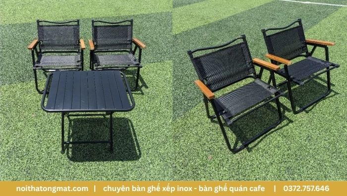 ghế cafe gấp gọn khung sắt vải dù tay vịn gỗ